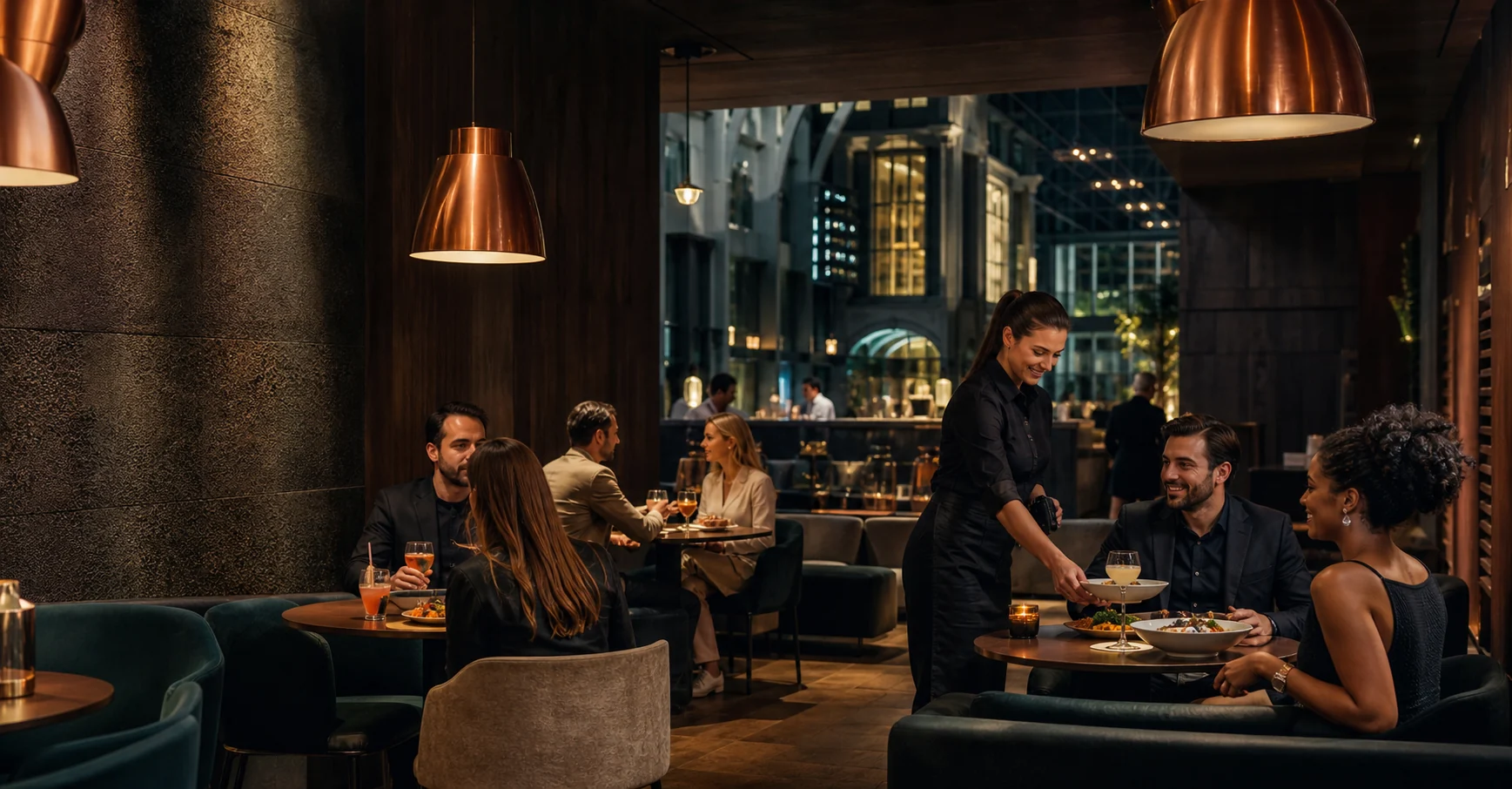 Sfeerbeeld van een eigentijds restaurant en lounge tijdens de avondservice